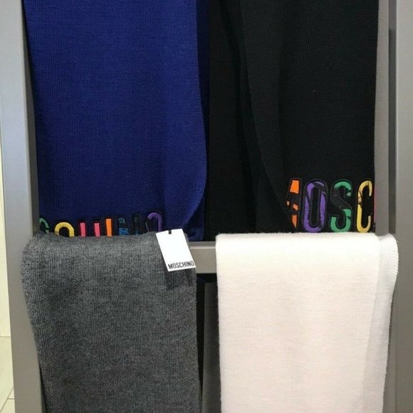 *SOLD* Multi-color Moschino Logo Scarf in solid BLUE - Picture 5 of 5